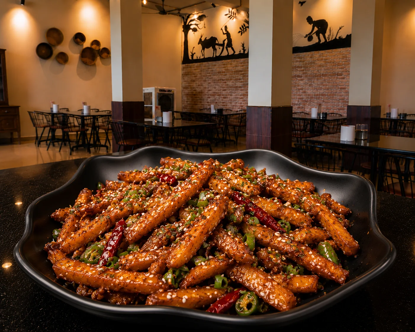 Honey Chilli Potatoes - Veg dish at The Farmer's Kitchen Shirwal